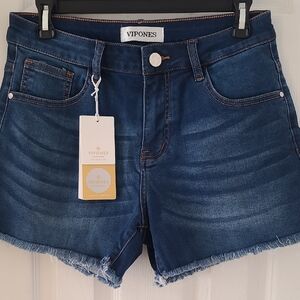 Dark Blue Frayed Hem Jean Shorts